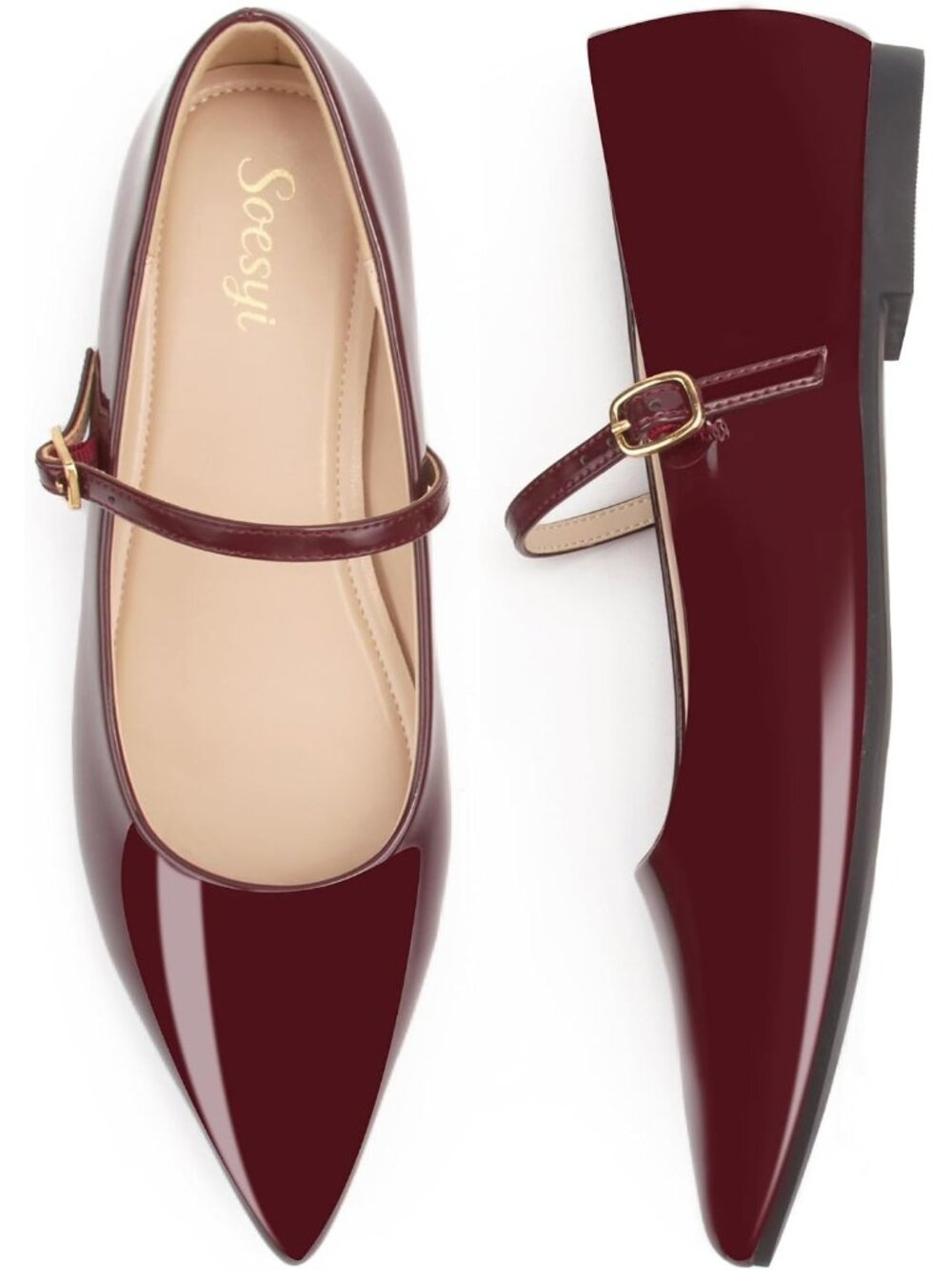 🆕Women's Burgundy Pointed Toe Mary Jane Flats Patent Leather Buckle Shoes